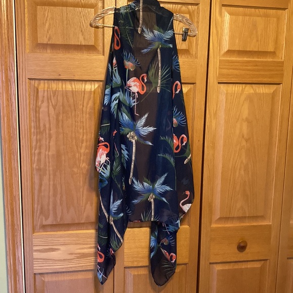 Long, blue, kimono with Flamingo print - Picture 2 of 3